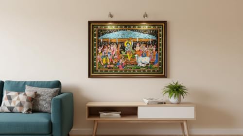 Krishna lifting Goverdhan Batik Cotton Wall Hanging Painting : Size 43"x30" Inches - color: Goverdhan