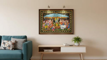 Krishna lifting Goverdhan Batik Cotton Wall Hanging Painting : Size 43"x30" Inches - color: Goverdhan