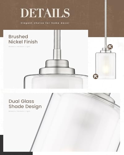 TENGXIN 6" Brushed Nickel Pendant Lights Kitchen Island, Dual Glass Shade - color: Brushed Nickel, Dual Glass, size: 6"