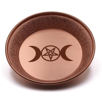Copper Offering Prayer Ritual Bowl - Carving Moon Phase Brass Decorative Plate Great for use Smudging, Incense Burner Holder,Candle Dish, Ash Catcher,Jewelry Dish,Keys Basket - style: Three Moon Phase