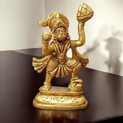 4" Brass Hanuman Statue with Sanjivani Mountain – Standing Lord Hanuman Idol | Small Hindu Monkey God Bajrangbali Murti for Devotion, Strength, Courage & Bhakti | Spiritual Pooja Idol - size: 4"Inch