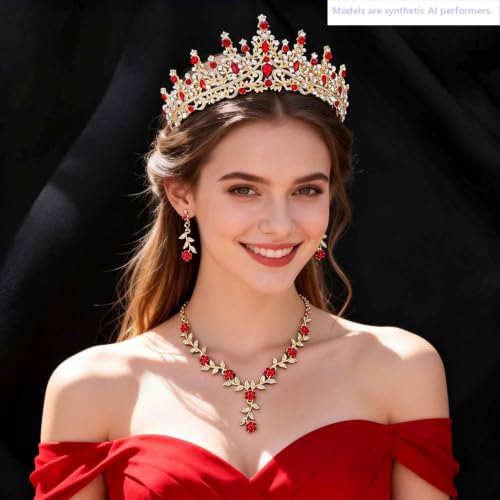 Kamirola Tiaras and Crowns for Women,Tiaras Earrings Necklace, Crystal Bridal Jewelry Set (TR48) - color: Gold Red