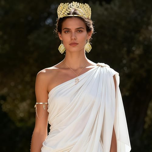 NICEIGHT 7Pcs Greek Goddess Costume Accessories for Women Gold Greek Leaf Crown Upper Arm Cuff Artificial Leaf Drop Earrings Necklace Golden Laurel Leaf Bridal Hair Comb for Wedding Cosplay Party - color: Gold-A