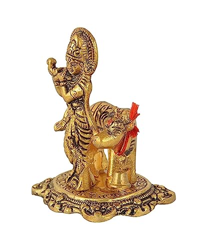 Krishna Idol with Kamdhenu Cow Made of Metal Krishanji Statue Traditional Antique Finish Figurine for Home Office Temple Decoration Puja Murti Housewarming & Janmashtami Gift (9 CM)