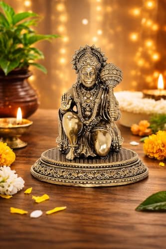 BEXCO Sitting Hanuman Ji Brass Idol Height (Approx) 3 inch | Bajrangbali Sankat Mochan Hanuman Murti Statue Figurine Perfect for Puja, Home Office Table Sculpture (3. inch) - size: 3. inch