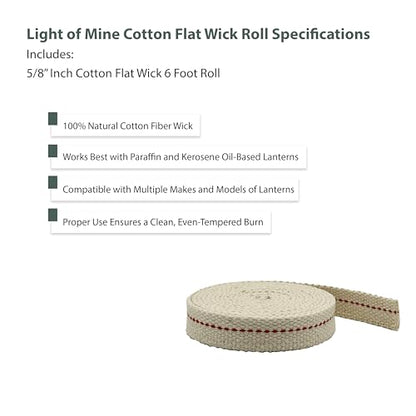 Light of Mine - 5/8" Inch 6' Foot, 100% Cotton Flat Wick for Paraffin Oil, Kerosene Based Lanterns, and Oil Lamps with Genuine Red Stitch (5/8" - 6' Roll) - size: 5/8" 6 foot - 1 Pack
