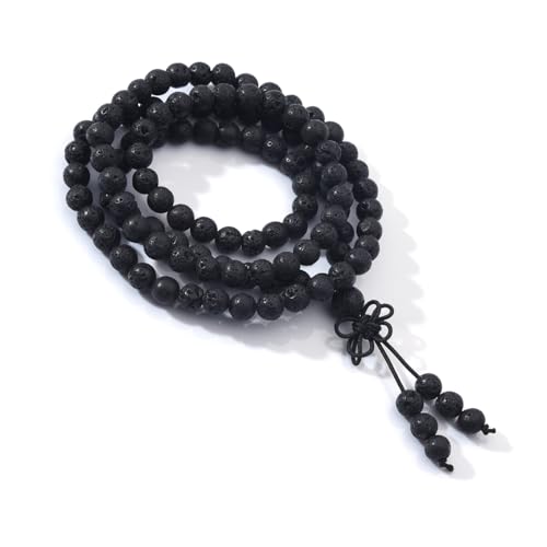 108 Mala Beads Stretch Bracelet 6mm Natural Gemstone Prayer Beaded Necklace - color: Black Lava