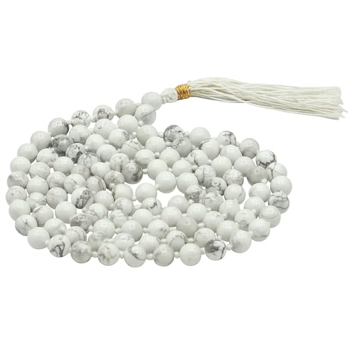 Amazing Gemstone Howlite Mala Beads - 108 Prayer Beads for Meditation and Mindfulness Practice, Handcrafted Mala Beads with Natural Gemstones for Spiritual Healing and Relaxation (Knotted) - color: Howlite, style: Knotted