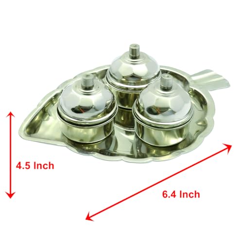 SHRIYA Stainless Steel Haldi Kumkum Holder with Attached 3 Containers – Leaf Shape Pooja Accessory for Haldi, Kumkum & Chandan – Decorative Indian Puja Item for Diwali, Housewarming & Gifting