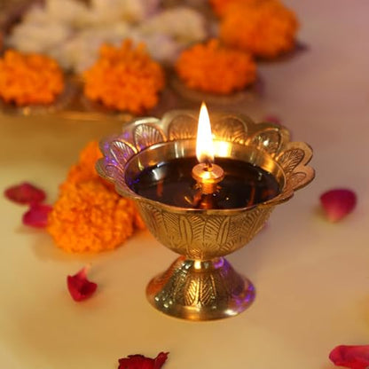 Brass Lotus Akand Diya – Traditional Indian Golden Oil Lamp for Diwali Pooja & Home Temple Decoration, Handmade Engraved Virgin Brass Metal for Thanksgiving & Festivals – (Pack of 1) - size: Large (Pack of 1)