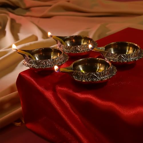 Fine Living Kuber Brass Diyas for Pooja Set of 4, 2.75Inch, Gold Finish - style: Kuber Diya Set of 4