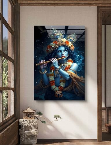 Divine Krishna Playing the Flute Glass Wall Art, Mystical Hindu God Tempered Glass Print, Spiritual Wall Decor, Indian Mythology Modern Artwork, Ready to Hang Meditation Room Decor, Ultra Large Size Options, Unique Housewarming Gift (23.6" x 35.4" İnches)