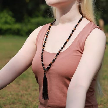 Triple Protection Mala 108 Beads 8mm Black Obsidian Tiger Eye Hematite