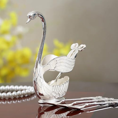 Decorative Gold Swan Base Holder with 6pcs Coffee Spoon Set - Creative Dessert Spoons,Silver - size: Silver Spoon-A
