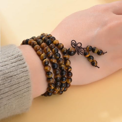 108 Mala Beads Stretch Bracelet 6mm Natural Gemstone Prayer Beaded Necklace - color: Yellow Tiger Eye