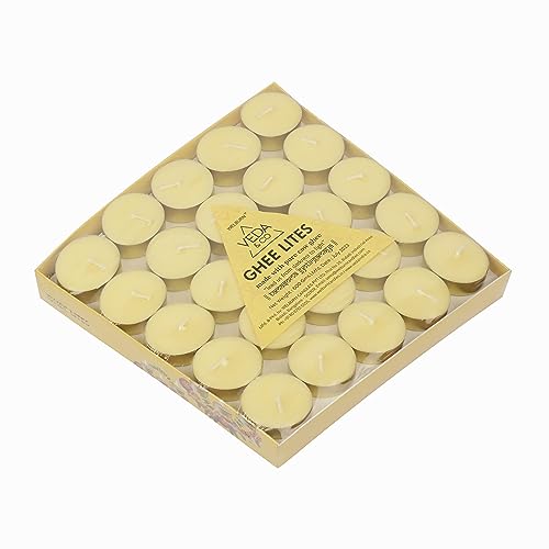 Welburn Veda&Co™ Pack of 50 Tealight Ghee Butter Lamp Candle Set, Upto 4 Hours Burning Time, Pure Cow Ghee Unscented Clarified Butter Paraffin Free Tealight Candles for Meditation, Rituals, Diwali - size: Pack of 50