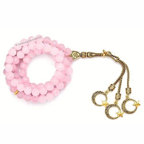 Amazing Gemstone Crystal Tasbeeh with Moon and Star Charm - Certified Crystal Muslim Prayer Beads Natural Gemstone Tasbih Gift for Ramadan Dhikr and Daily Namaz (G) - color: Rose Quartz