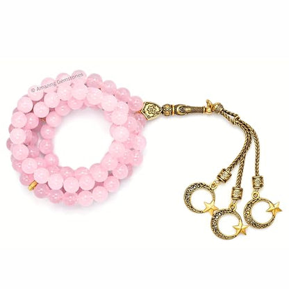 Amazing Gemstone Crystal Tasbeeh with Moon and Star Charm - Certified Crystal Muslim Prayer Beads Natural Gemstone Tasbih Gift for Ramadan Dhikr and Daily Namaz (G) - color: Rose Quartz