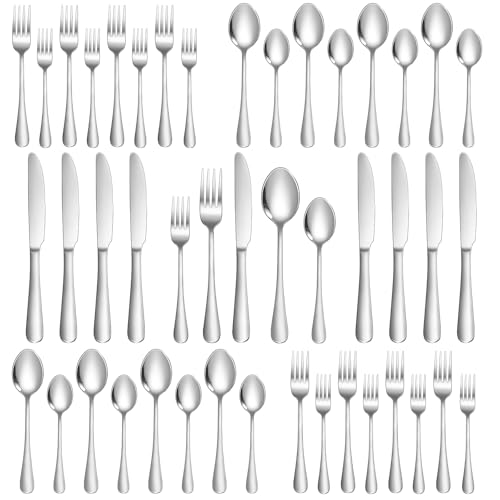 Lazycorner Silverware Set 40 Piece Stainless Steel Flatware Set Silverware Utensils for 8 People Includes Forks Knives Spoons & Salad Forks Dishwasher Safe for Home Restaurant or Outdoor Use - size: 40-Piece