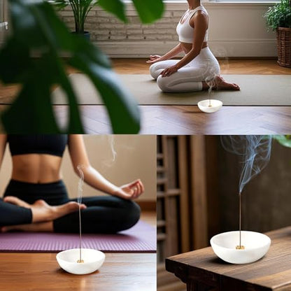 Koville Natural Marble Incense Holder, Incense Holder for Sticks with 9 Holes, Handmade Incense Burner Ash Catcher for Meditation Yoga SPA, Balsam Fir/Palo Santo/Sage/Cone (White) - color: D=130-white