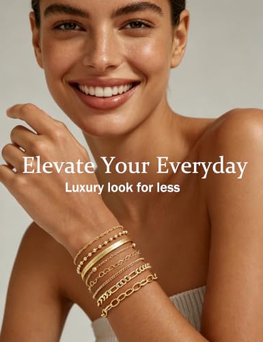 10 Pcs 14K Gold Plated Bracelet for Women, Dainty Stackable Chain Set - color: Gold