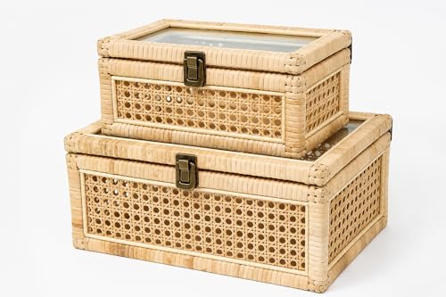 Large Set of 2 BOHO Decorative Rattan Box with a lockable Glass Top Scent Free
