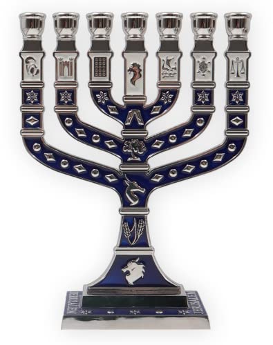 Jerusalem 7 Branch Traditional Menorah Enamel Finish, with 12 Tribes of Israel, Jewish Candle Holders (10.8 inch) - color: Silver Blue
