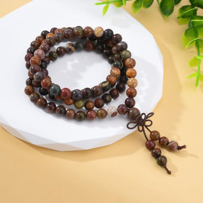 108 Mala Beads Stretch Bracelet 6mm Natural Gemstone Prayer Beaded Necklace - color: Picasso Jasper