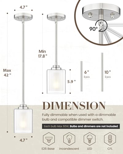 TENGXIN Brushed Nickel Pendant Lights Kitchen Island, Dual Glass Shade - color: Brushed Nickel, Dual Glass, size: 4"