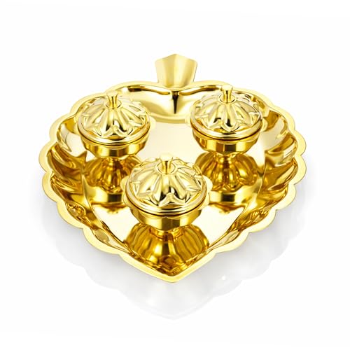 Spillbox Brass 3 Leaf Bowl Pooja Thali | Traditional Handcrafted Thali Holder with Lid for Mandir & Home | Roli, Chawal | Pooja Item Gift for Diwali, Navratri - 3 Leaf Bowl - Small