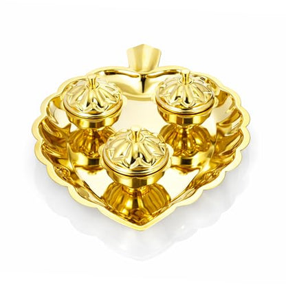 Spillbox Brass 3 Leaf Bowl Pooja Thali | Traditional Handcrafted Thali Holder with Lid for Mandir & Home | Roli, Chawal | Pooja Item Gift for Diwali, Navratri - 3 Leaf Bowl - Small