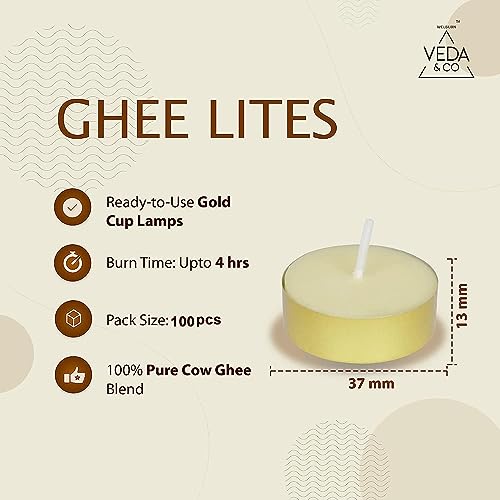 Welburn Veda&Co™ ack of 100 Tealight Ghee Butter Lamp Candle Set, Upto 4 Hours Burning Time, Pure Cow Ghee Unscented Clarified Butter Paraffin Free Tealight Candles for Meditation, Rituals, Diwali - size: Pack of 100