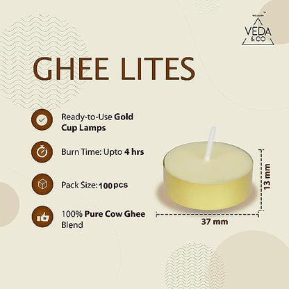 Welburn Veda&Co™ ack of 100 Tealight Ghee Butter Lamp Candle Set, Upto 4 Hours Burning Time, Pure Cow Ghee Unscented Clarified Butter Paraffin Free Tealight Candles for Meditation, Rituals, Diwali - size: Pack of 100