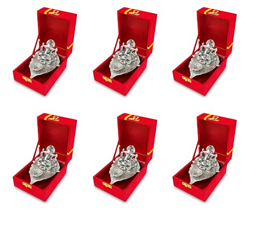 NOBILITY Ganesha on Leaf Silver Diya Oil Lamp Statue Idol with Red Gift Box Pooja Items Diwali Decoration Puja Gifts Handmade Oil Lamp Traditional Indian Deepawali Gift Items 6 pcs - color: Ganesh Diya Silver with Red Box, size: Pack of 6