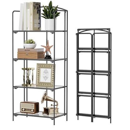 Crofy 4-Tier Foldable Bookshelf, Black Frame & Transparent Shelves - color: Black Frame & Transparent Shelf, size: 4 Tier