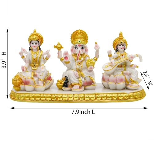 Indian Ganesha Lakshmi Saraswati Statue - 3.9”H Hindu God Ganpati Laxmi for Car Dashboard Decor India Murti Diwali Pooja Gifts for Indian Family Frined Home Office Temple Mandir Altar Puja Item