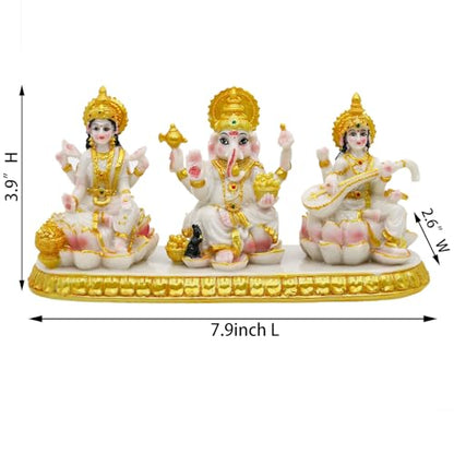 Indian Ganesha Lakshmi Saraswati Statue - 3.9”H Hindu God Ganpati Laxmi for Car Dashboard Decor India Murti Diwali Pooja Gifts for Indian Family Frined Home Office Temple Mandir Altar Puja Item