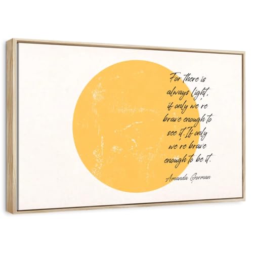 Elephant Stock - Brave Enough Amanda Gorman Wall Art - Horizontal Floating Framed Canvas - Living Room Wall Decor - Digital Art Inspirational And Typography Framed Canvas Art - White And Orange Decor - 25" x 17" - color: Floating Frame Natural Wood, size: