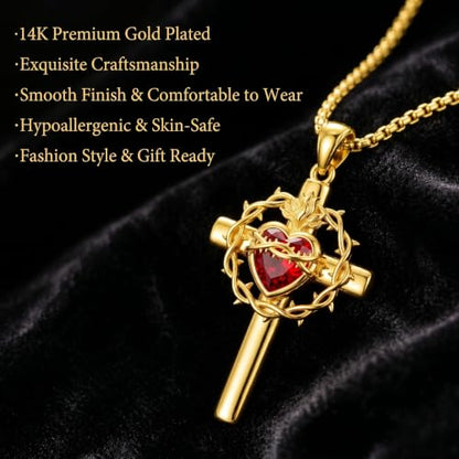 ROMANTICWORK Cross Pendant Necklace 14k Gold Plating Christian Crucifix Necklace Religious Confirmation Jewelry Gifts for Men Women - color: Sacred Heart of Jesus Cross