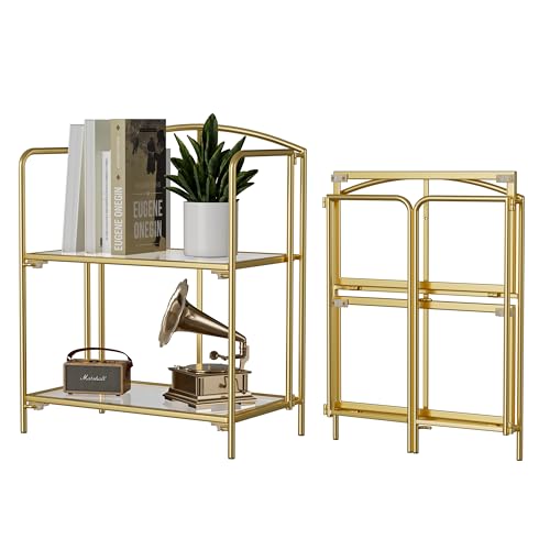 Crofy 2-Tier Foldable Bookshelf, Gold Frame & Transparent Shelves - color: Gold Frame & Transparent Shelf, size: 2 Tier