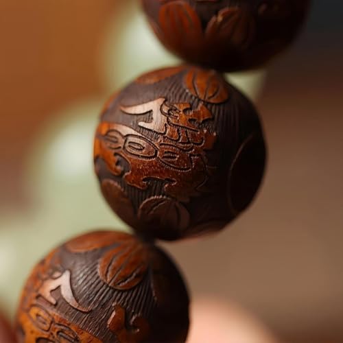 Pear Wood Buddha Beads Mala Bracelet Hand Carved Wooden Beads with Luminous Jade Lucky Charms Wealth Attracting Buddhist Prayer Bracelet for Men and Women Healing Energy Running Ring - color: Brown and green