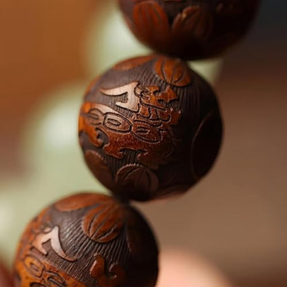 Pear Wood Buddha Beads Mala Bracelet Hand Carved Wooden Beads with Luminous Jade Lucky Charms Wealth Attracting Buddhist Prayer Bracelet for Men and Women Healing Energy Running Ring - color: Brown and green