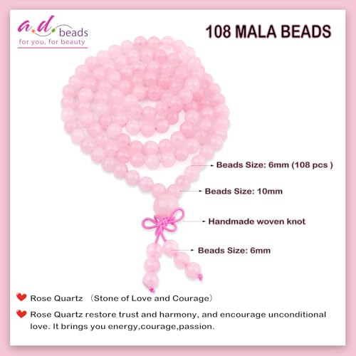 AD Beads 6mm 8mm 108 Prayer Mala Jasper Elastic Bracelet - Handmade Yoga Meditation Healing Power Energy Gifts for Unisex Adult. - color: Rose Quartz (Courage)