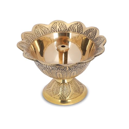 Brass Lotus Akand Diya – Traditional Indian Golden Oil Lamp for Diwali Pooja & Home Temple Decoration, Handmade Engraved Virgin Brass Metal for Thanksgiving & Festivals – (Pack of 1) - size: Large (Pack of 1)