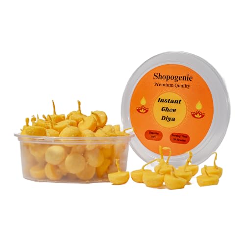 HOPOGENIE 50 Pcs Ready-to-Use Cow Ghee Wicks for Puja | 20-30 Min Burn Time Wax-Free Ghee Batti for Diya, Daily Pujan & Laddu Gopal Seva