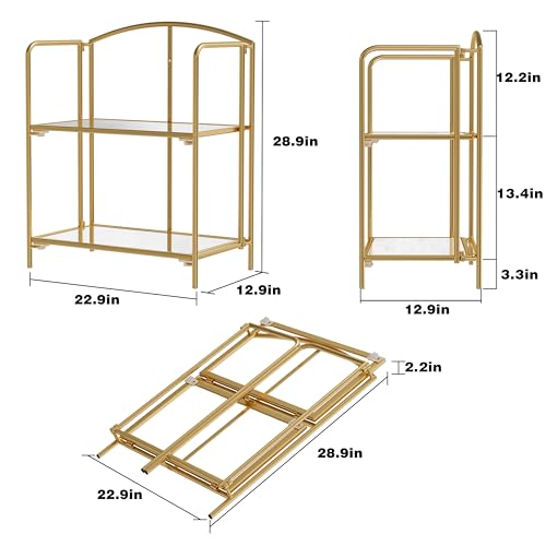 Crofy 2-Tier Foldable Bookshelf, Gold Frame & Transparent Shelves - color: Gold Frame & Transparent Shelf, size: 2 Tier