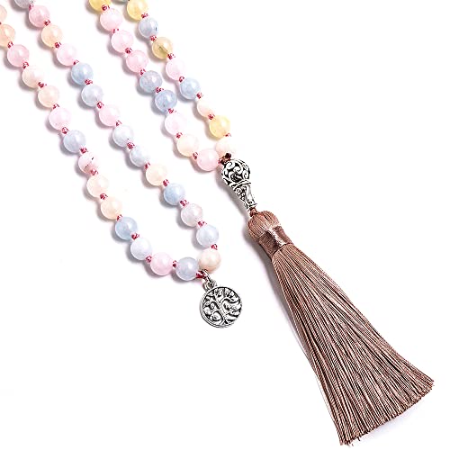 108 Mala Prayer Beads Necklace Natural Stones Meditation Yoga Jewery 108 Hand Knotted Japa Mala Beaded Long Tassel Necklace with Tree of Life Pendant for Men and Women - color: 8mm morganite