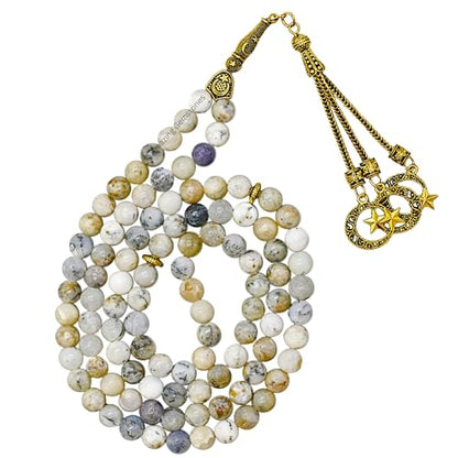 Amazing Gemstone Crystal Tasbeeh with Moon and Star Charm - Certified Crystal Muslim Prayer Beads Natural Gemstone Tasbih Gift for Ramadan Dhikr and Daily Namaz (G) - color: Dendrite Opal