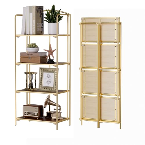 Crofy 4-Tier Foldable Bookshelf, Gold Frame & Walnut Shelves - color: Gold Frame & Walnut Shelf, size: 4 Tier
