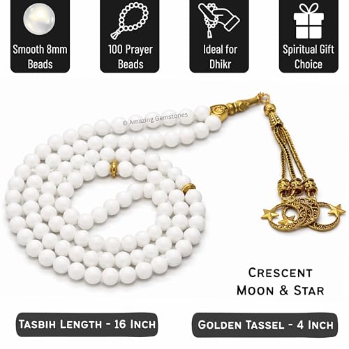 Amazing Gemstone Crystal Tasbeeh with Moon and Star Charm - Certified Crystal Muslim Prayer Beads Natural Gemstone Tasbih Gift for Ramadan Dhikr and Daily Namaz (G) - color: Mother of Pearl